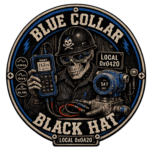 Local 0x0420 patch: a skull in a hard hat and safety glasses, in a work shirt, holding a HART communicator wired to a field transmitter with test leads. Signal badges for 4-20 mA, 0-10 V, and RS-485 run down the left edge. Ringed by BLUE COLLAR BLACK HAT in bone lettering, and stamped LOCAL 0x0420 on a plate at the upper right.