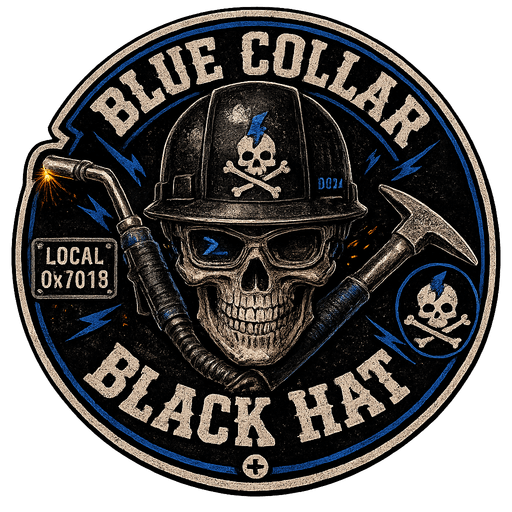 Local 0x7018 patch: a skull in a hard hat and safety glasses over a crossed MIG gun, struck alight at the nozzle, and a chipping hammer. Ringed by BLUE COLLAR BLACK HAT in bone lettering with blue bolts, and stamped LOCAL 0x7018 on a plate at the left.