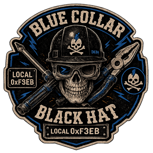 Local 0xF3EB patch: a skull in a hard hat and safety glasses, a lightning bolt struck across one lens, over a crossed insulated screwdriver and pair of lineman pliers. Ringed by BLUE COLLAR BLACK HAT in bone lettering with blue bolts, and stamped LOCAL 0xF3EB on a plate along the bottom.