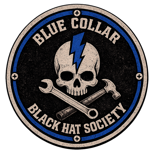 The seal of the Blue Collar Black Hat Society: a skull with a lightning-bolt mohawk over a crossed wrench and hammer, ringed by the Society name.